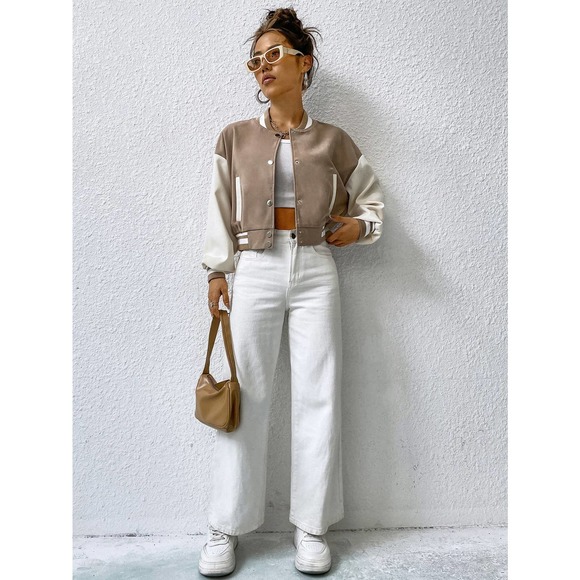 Striped Trim Color Block Varsity Bomber Jacket tan white - Picture 6 of 6